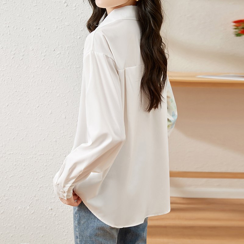 White Long Sleeve Cotton-Blend Abstract Casual Shirts & Tops