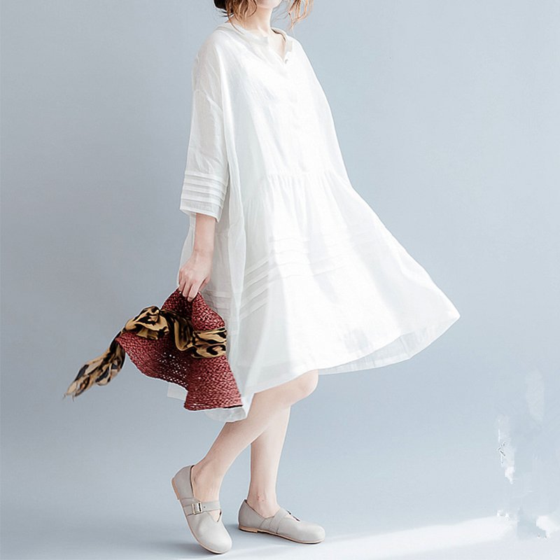 White Cotton 3/4 Sleeve A-Line Plain Dresses Suit
