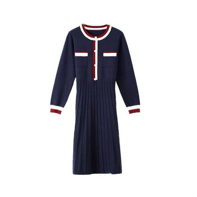 Navyblue Swing Knitted Long Sleeve Striped Dresses