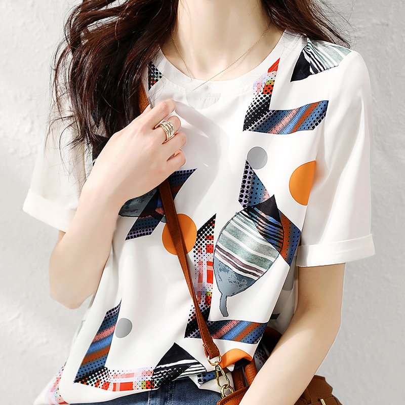 Flower Printed Abstract Short Sleeve Shirts & Tops