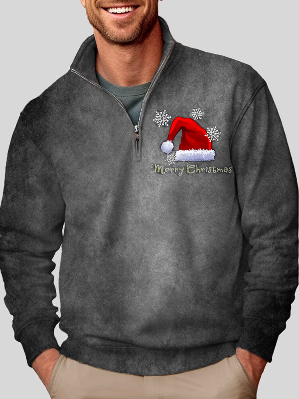 Men's Christmas Santa Hat Print Zipper Stand Collar Sweatshirt