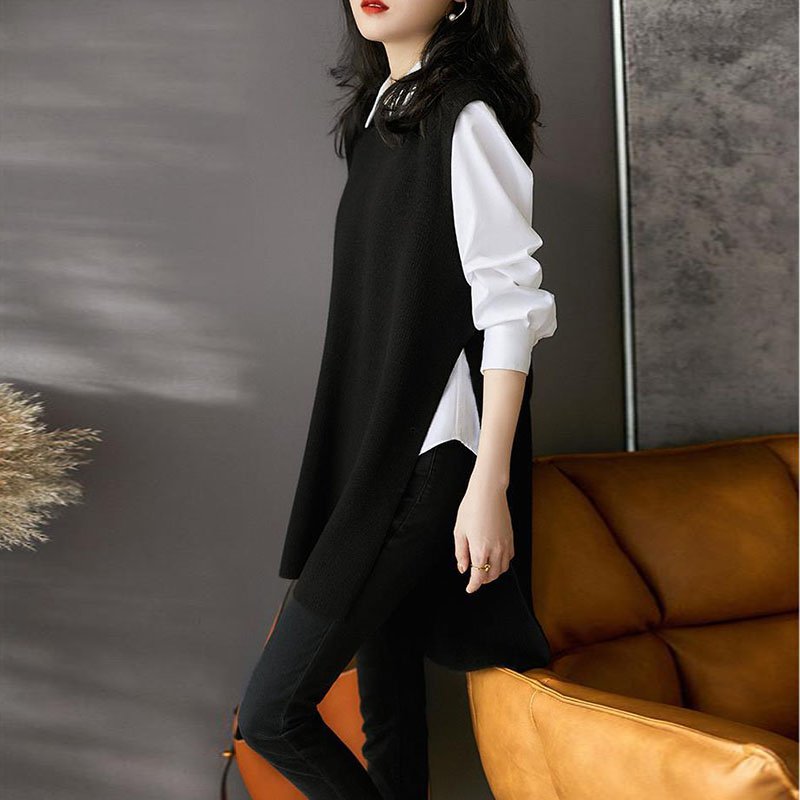 Black Cotton-Blend Solid Slit Sleeveless Vests