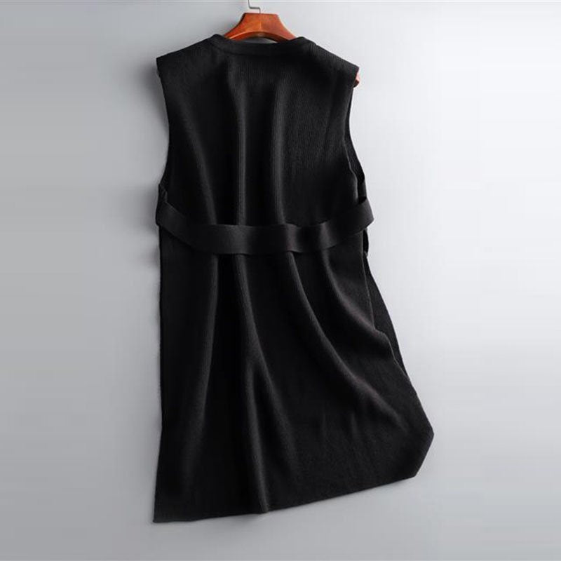 Black Cotton-Blend Solid Slit Sleeveless Vests
