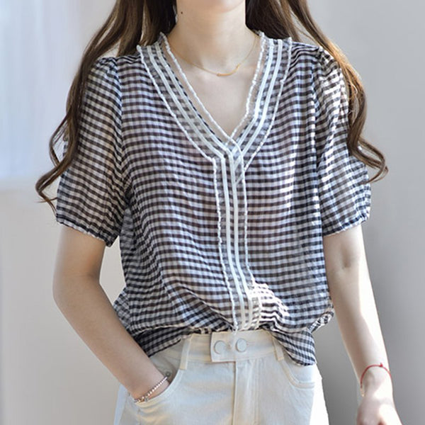 Grid Short Sleeve Tulle Shirts & Tops
