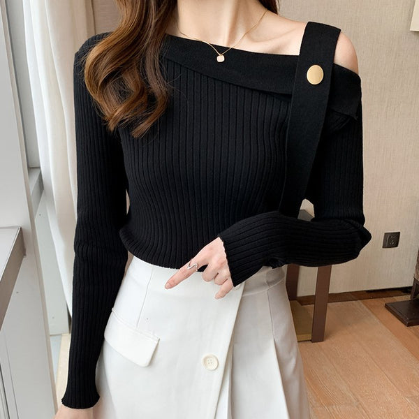 Black Cold Shoulder Cotton-Blend Knitted Sheath Shirts & Tops
