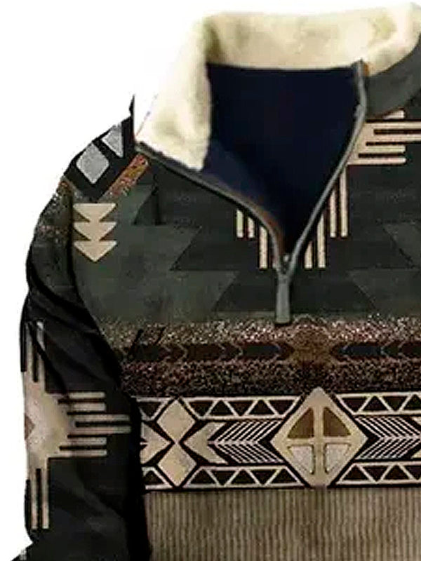 Men's Retro Western Ethnic Quarter-Zip Stand Collar Sweatshirt