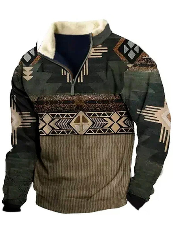 Men's Retro Western Ethnic Quarter-Zip Stand Collar Sweatshirt