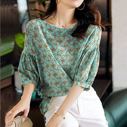As Picture Floral Half Sleeve Crew Neck Shirts & Tops