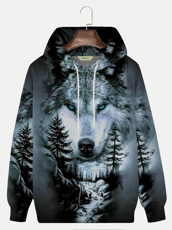 Men's Wolf Print Drawstring Hooded Sweatshirt