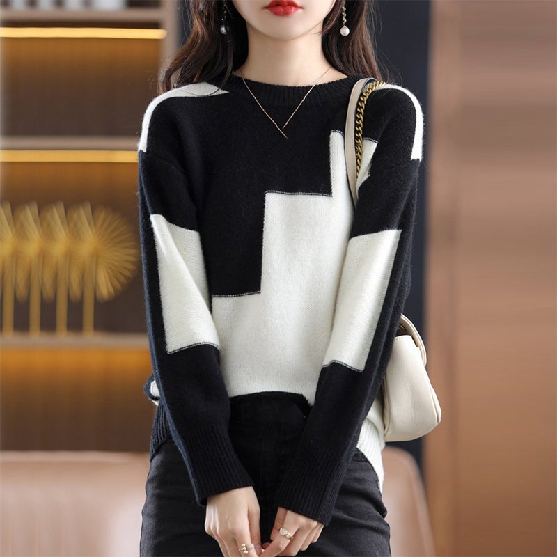 Geometric Long Sleeve Shift Cotton-Blend Sweater