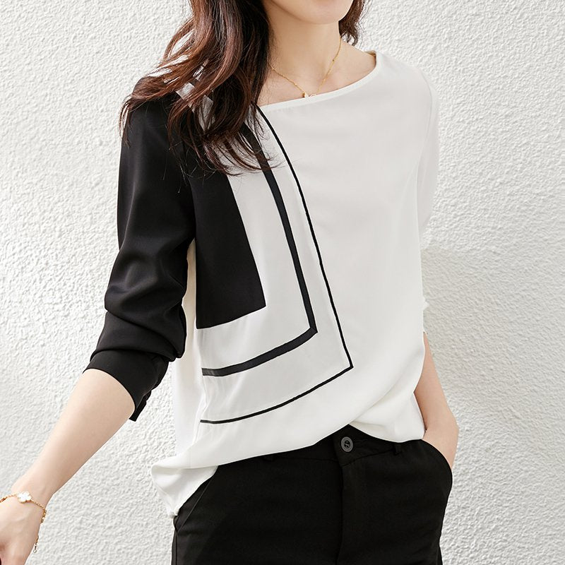 White Long Sleeve Abstract Crew Neck Shift Shirts & Tops