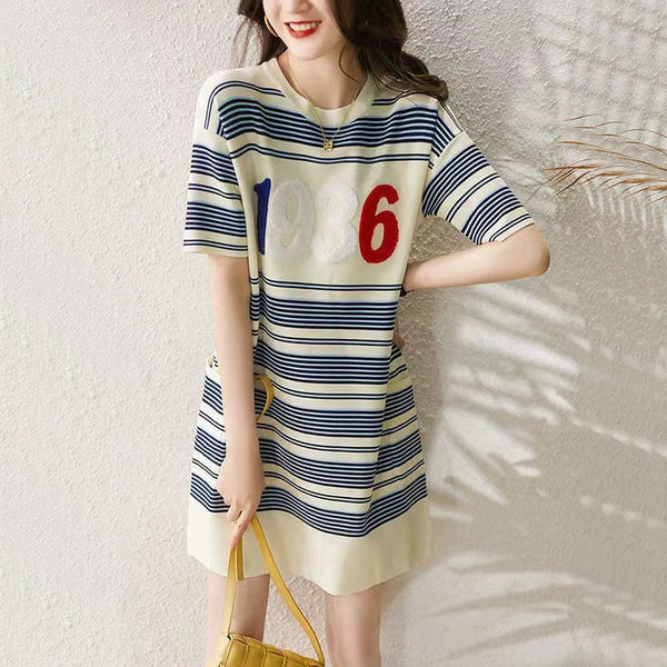 As Picture Stripes Cotton-Blend Short Sleeve Dresses