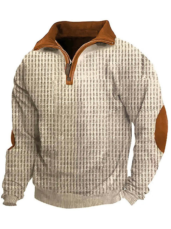 Men's Vintage Check Jacquard Stand Collar Half Zip Basic Sweatshirt