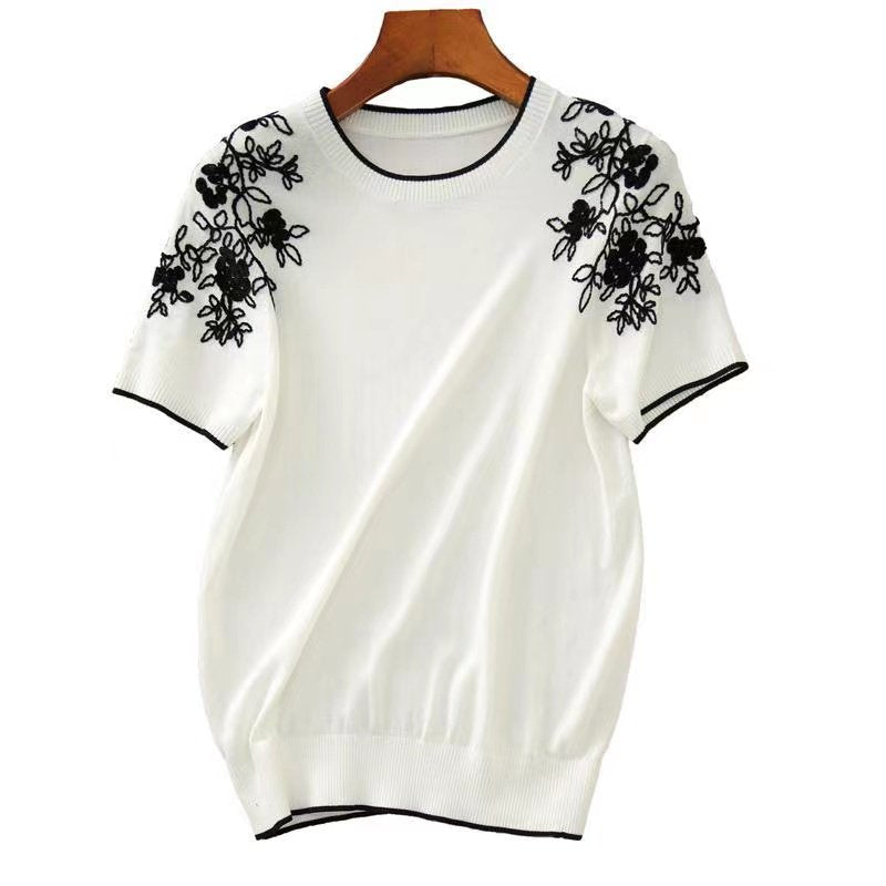 Casual Floral Short Sleeve Knitted Shirts & Tops