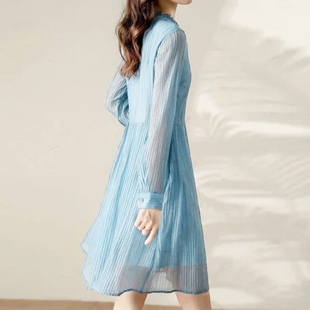 Blue Swing Tulle Solid Long Sleeve Dresses