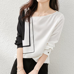 White Long Sleeve Abstract Crew Neck Shift Shirts & Tops
