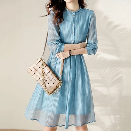 Blue Swing Tulle Solid Long Sleeve Dresses
