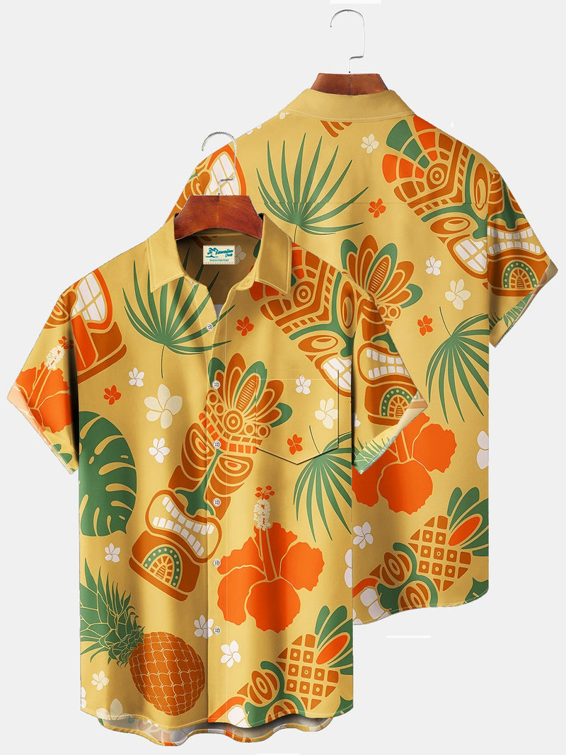 Beach Vacation Tiki Totem Blue Men's Hawaiian Floral Shirts Stretch Plus Size Aloha Camp Shirts