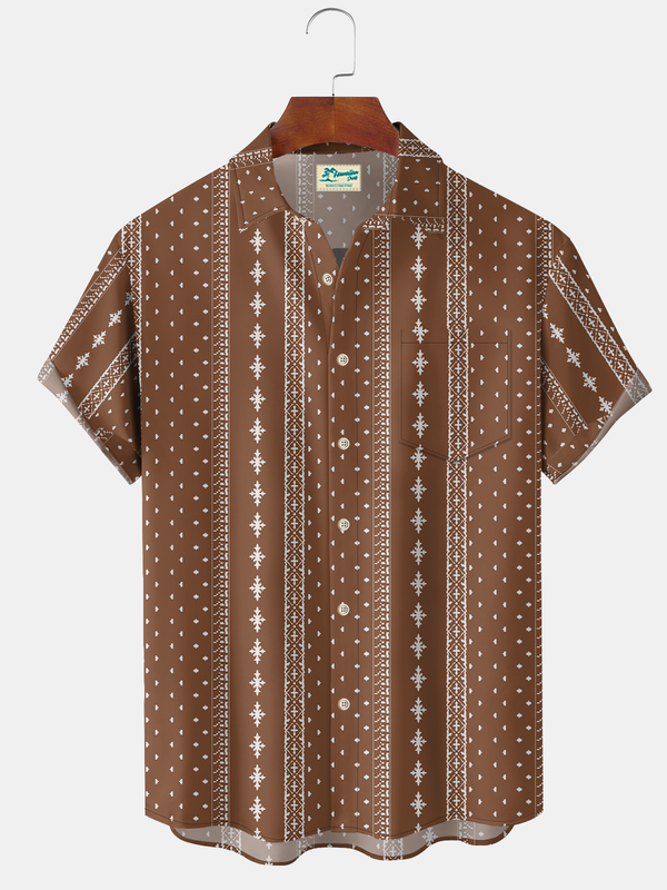 50's Vintage Aztec Men's Guayabera Shirts Geometric Art Plus Size Aloha Camp Pocket Shirts