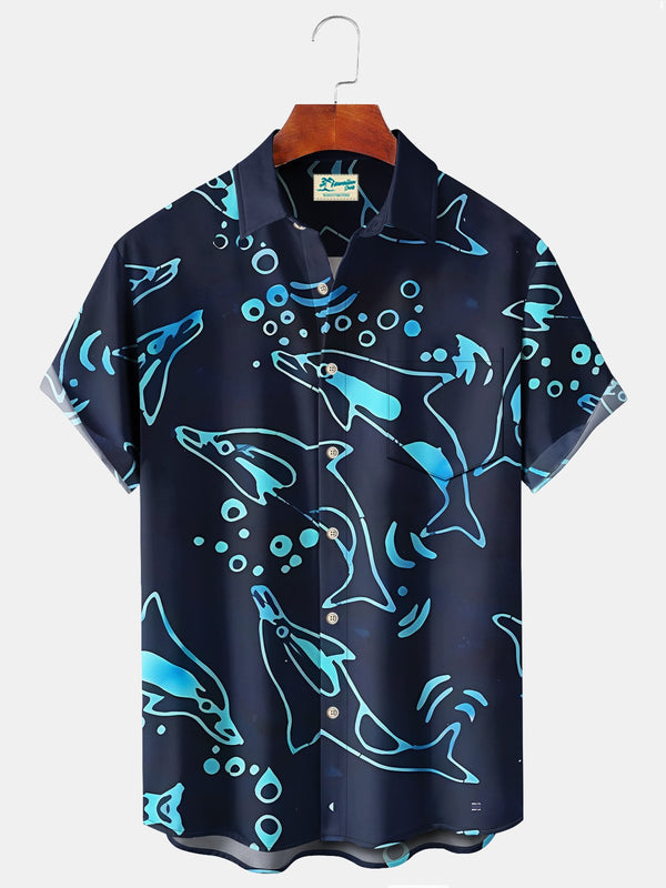 Beach Holiday Blue Men's Hawaiian Shirts Plus Size Stretch Wrinkle Free Aloha Camp Casual Pocket Shirts