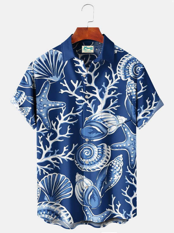 Beach Vacation Men's Blue Hawaiian Shirts Ocean Coral Starfish Stretch Plus Size Aloha Camp Shirts