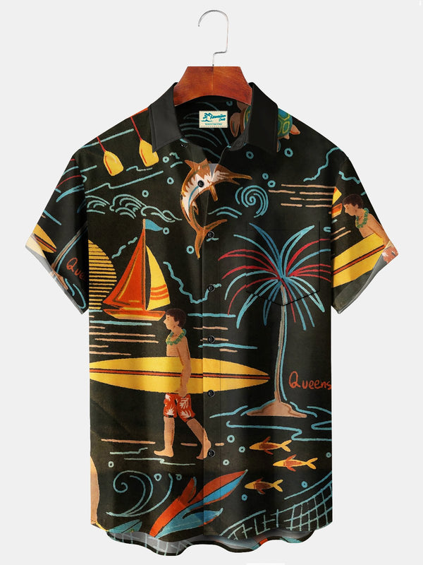 Beach Vacation Men's Black Hawaiian Shirt Surf Art Cartoon Stretch Plus Size Aloha Camp Shirts