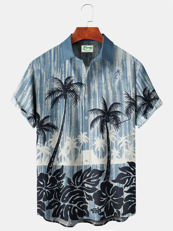 Beach Vacation Blue Men's Hawaiian Coconut Floral Shirts Stretch Oversized Aloha Camping Pocket Shirts