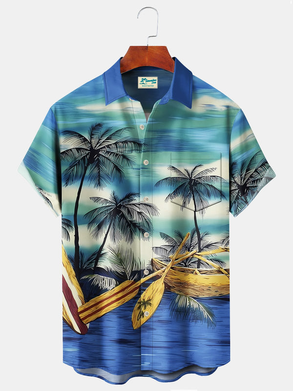Beach Vacation Blue Men's Hawaiian Coconut Surfboard Shirts Stretch Oversized Aloha Camping Pocket Shirts