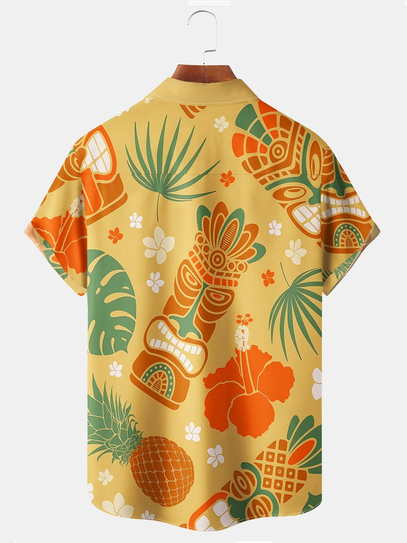 Beach Vacation Tiki Totem Blue Men's Hawaiian Floral Shirts Stretch Plus Size Aloha Camp Shirts