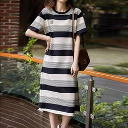 Stripe Striped Embroidered Shift Short Sleeve Dresses