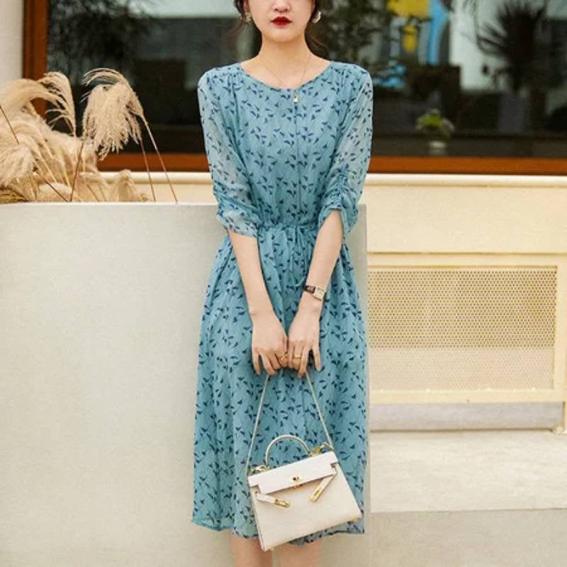 Gray-Blue 3/4 Sleeve A-Line Printed Dresses