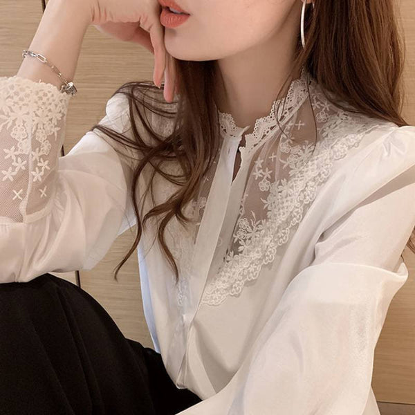 Lace Trim Long Sleeve Chiffon Shirt