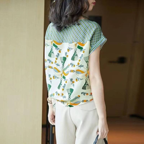 Lightgreen Silk-Chiffon Casual Floral Shift Shirts & Tops