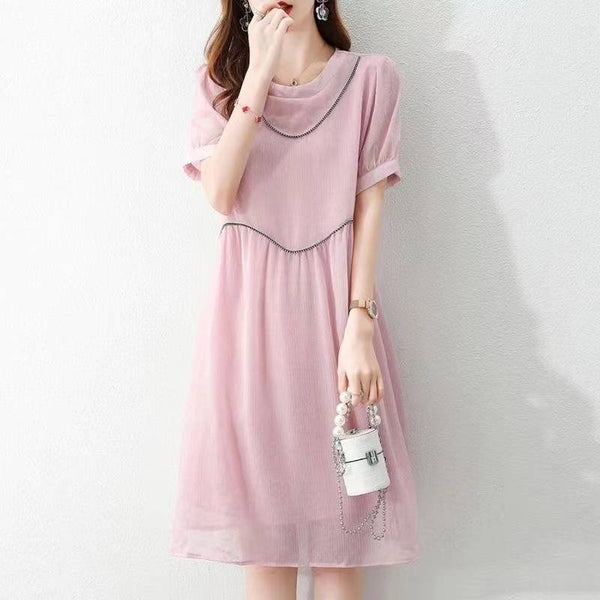 Pink Short Sleeve Plain A-Line Dresses