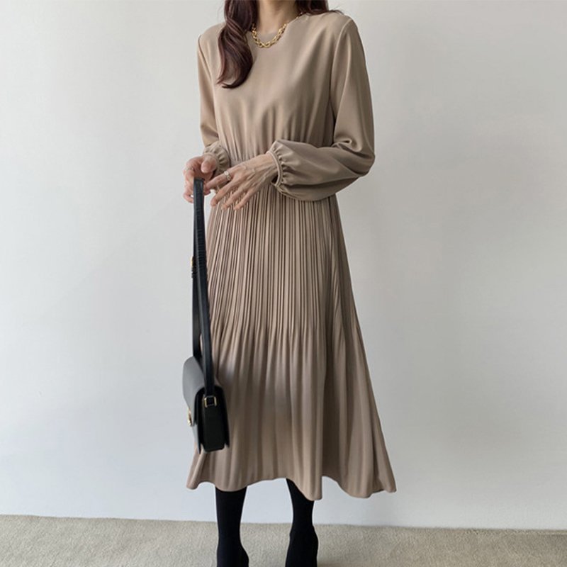 Pleated Long Sleeve Casual Dresses