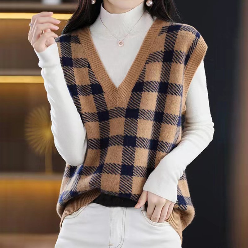 Knitted Casual Sleeveless Checkered/plaid Vests