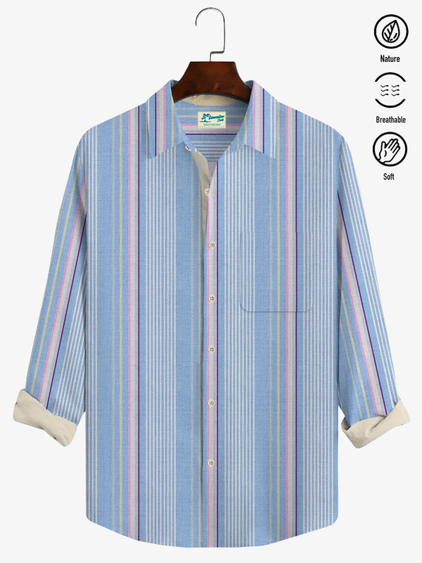 Beach Vacation Stripe Light Blue Men's Casual Long Sleeve Shirts Stretch Plus Size Aloha Camp Pocket Shirts