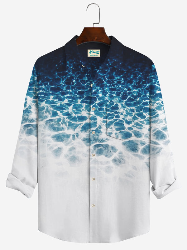 Linen Shirt Water Ripple Print Casual Men's Hawaiian Beach Vacation Oversized Long Sleeve Shirt