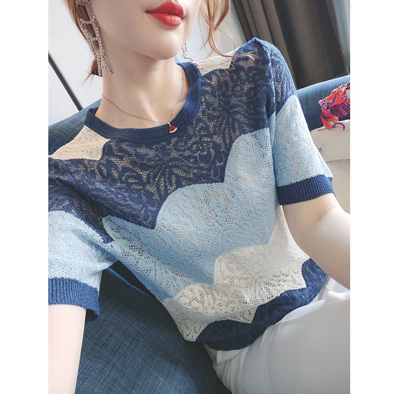 Blue Casual Shift Geometric Cotton-Blend Shirts & Tops