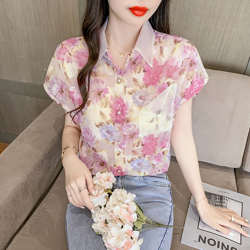 Silk-Chiffon Floral Short Sleeve Shirts & Tops