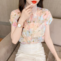 Silk-Chiffon Floral Short Sleeve Shirts & Tops