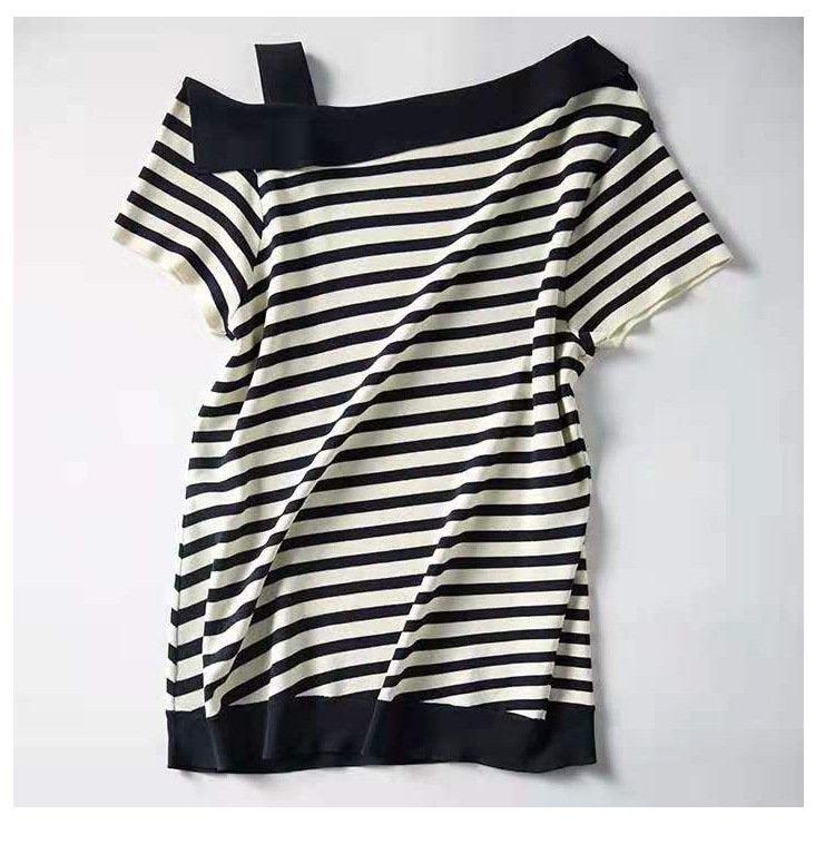 Stripe Cotton-Blend Cold Shoulder Striped Shift Shirts & Tops