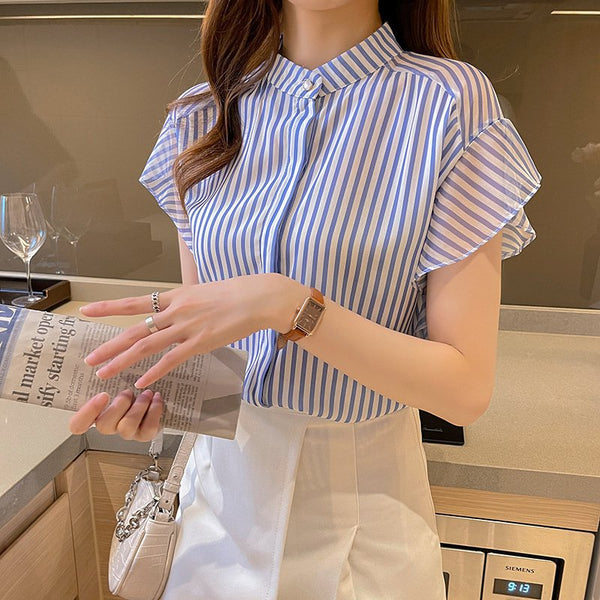 Blue Striped Casual Frill Sleeve Shirts & Tops