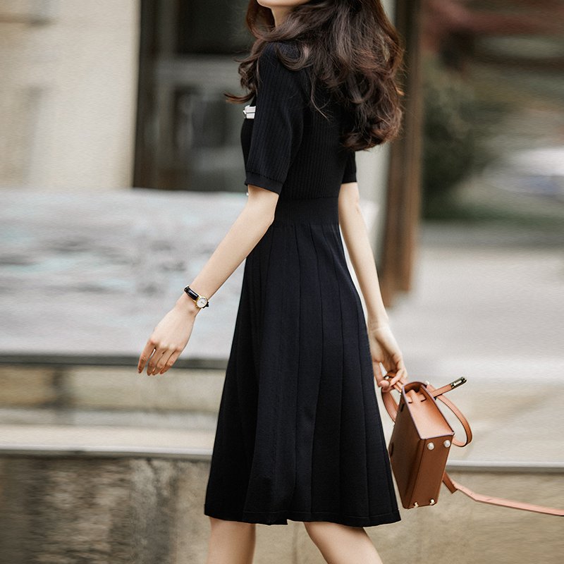 Black Cotton-Blend Knitted Casual Swing Dresses