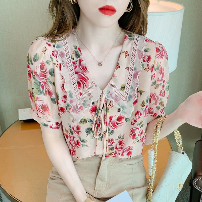 Red Silk-Chiffon Short Sleeve Floral Shirts & Tops