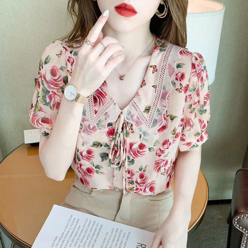 Red Silk-Chiffon Short Sleeve Floral Shirts & Tops