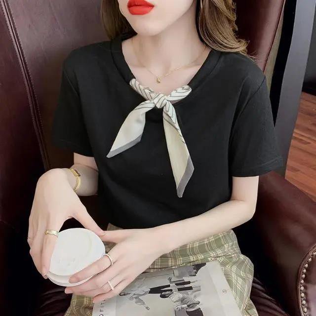 Short Sleeve Bow Casual Cotton Shirts & Tops