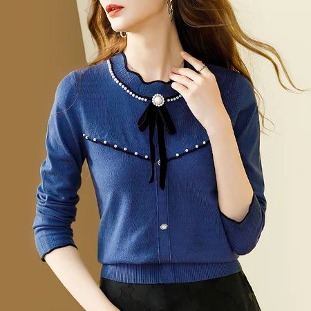 Women Long Sleeve Bow Knitted Shirts & Tops