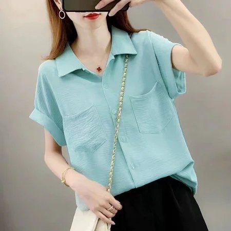 Cotton-Blend Short Sleeve Plain Shift Shirts & Tops