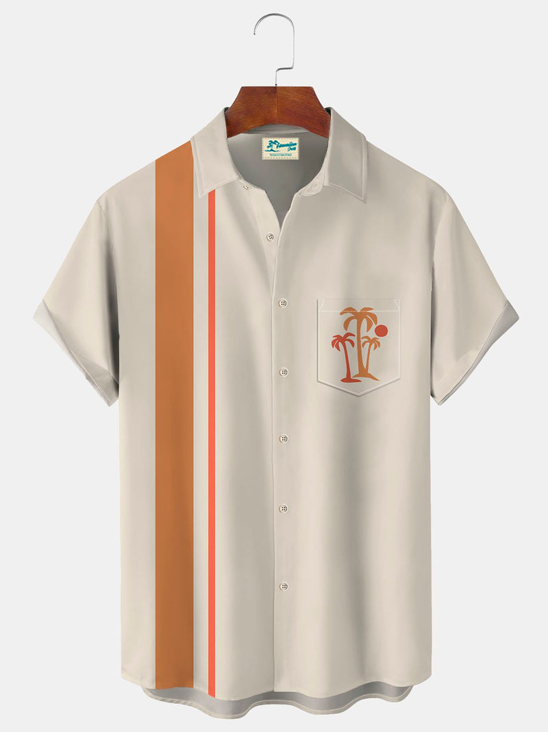 Vintage Bowling Coconut Palm Print Beach Men's Hawaiian Oversized Shirt With Pocket